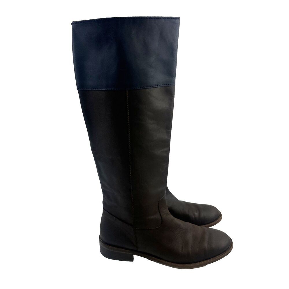 Boden Tall Riding Boots Brown Leather Navy‎ Blue Cuff Pull On Womens 42 US 10.5